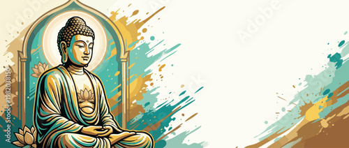 Religious Gautama Buddha Figure Illustration with Lotus Details Serene Posture Soft Halo