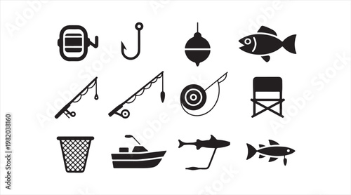 Minimal black and white angling gear illustration collection for outdoor sport