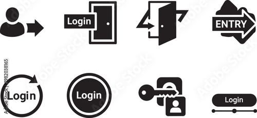 Collection of black and white security and access icons representing login entry and user authentication processes