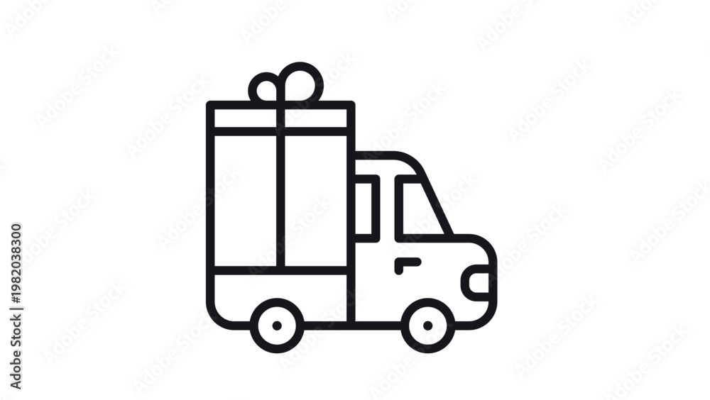 Obraz premium Minimalist black line art vector icon of a delivery truck carrying a large gift box with a ribbon, symbolizing gift shipping, express delivery, holiday logistics, and surprise packages.