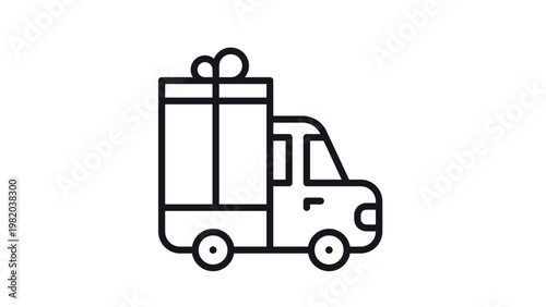 Minimalist black line art vector icon of a delivery truck carrying a large gift box with a ribbon, symbolizing gift shipping, express delivery, holiday logistics, and surprise packages.