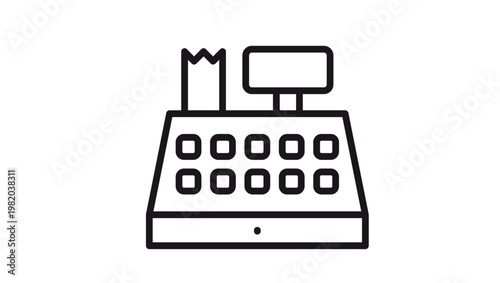 Minimalist black line vector icon of a classic cash register with a receipt and display screen, isolated on a white background. Perfect for retail, commerce, and checkout point of sale concepts.