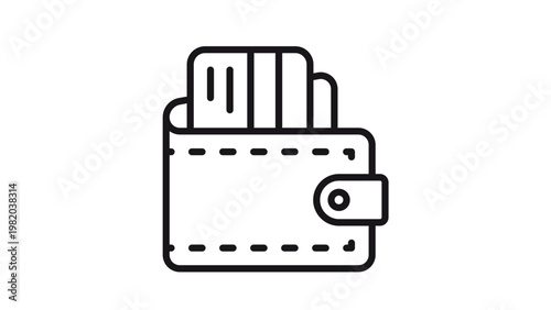 Black line art vector icon of a wallet with credit cards sticking out, minimalist symbol for finance, banking, and personal savings, scalable graphic illustration on white background.
