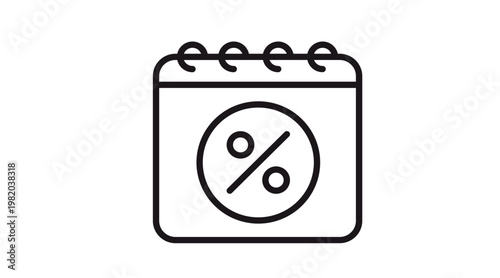 Black line vector icon of a calendar with a percentage symbol, representing a sale date, discount period, promotion schedule, or tax day, isolated on a white background illustration.