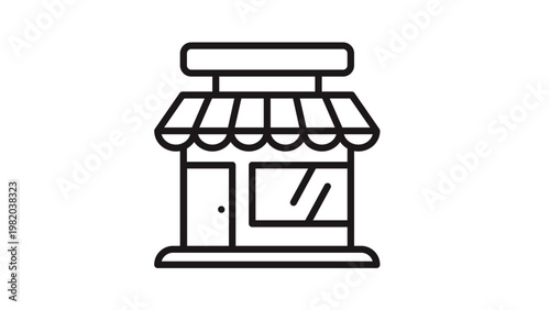 Black minimalist vector icon of a storefront or small shop building with a striped awning, display window, and signage board, isolated on a white background for retail and business design.