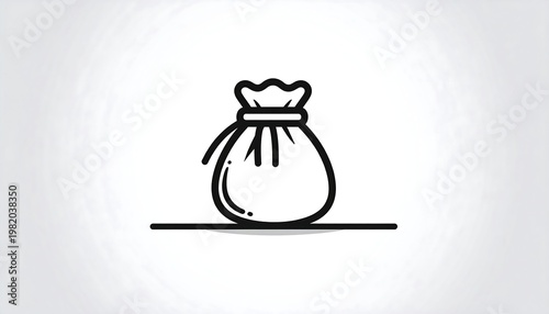 Simple line art drawing of a sack or bag tied at the top, sitting on a straight line