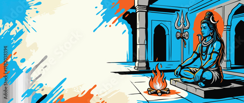 Respectful Shiva Figure Meditating with Trident and Sacred Fire Accents for Spiritual Design