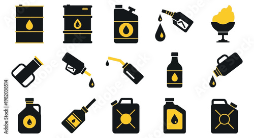 Oil industry icons in black and yellow minimalist style for business and industrial use