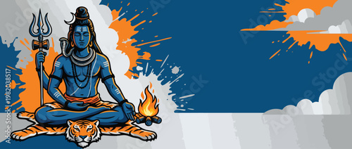 Respectful Shiva Figure with Trident Crescent Moon and Sacred Fire Accents Meditation