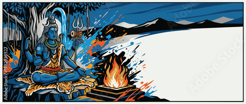 Respectful Shiva Figure with Trident Crescent Moon Sacred Fire Accents Meditating