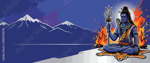 Respectful Shiva Figure with Trident Crescent Moon Sacred Fire Accents Meditation