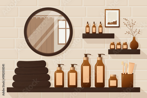 Dark brown aesthetic bathroom shelf with skincare bottles and mirror vector illustration.