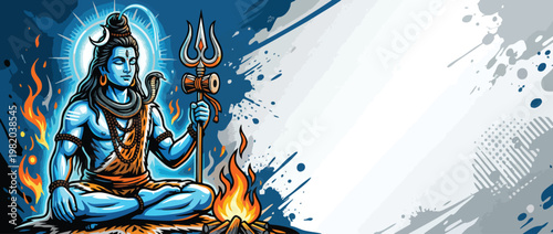 Respectful Shiva Figure with Trident Crescent Moon Sacred Fire Accents Meditating Illustrative Design