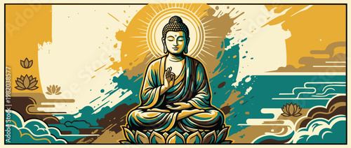Serene Gautama Buddha Figure Sitting Peacefully on Lotus Illustration Background