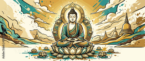 Serene Buddha Figure with Lotus Details and Soft Halo for Spiritual Concepts