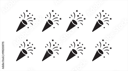 Minimal silhouette party popper icons with confetti bursts for celebration themes