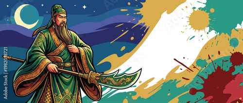 Warrior Figure Art Holding Weapon with Dynamic Paint Splatter Background