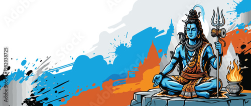 Shiva Statue Meditating with Trident Crescent Moon Sacred Fire Accents Colorful Background