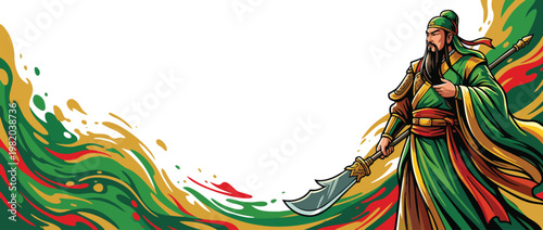Warrior Figure in Green Robes Holds a Ceremonial Blade Representing Traditional Asian Culture