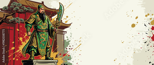 Warrior Guan Yu Figure with Ceremonial Blade in Vibrant Green Robes Illustration