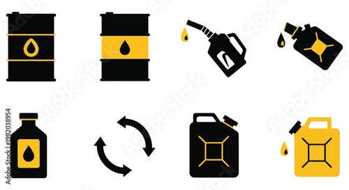 Oil barrels and gas cans icons set in black and yellow minimalist style for industrial and automotive use