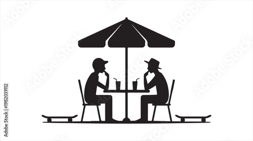 Couple sitting at patio cafe with umbrella in simple silhouette style