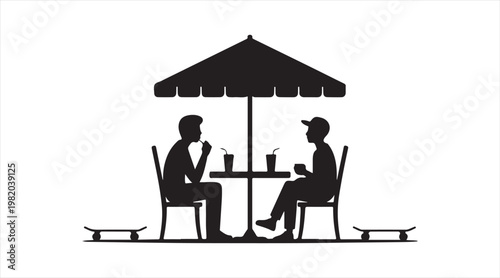 Minimal black and white illustration of romantic cafe meeting scene