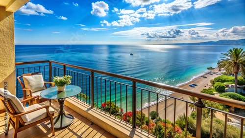 Terrace lounge with rattan armchairs and sea view in a luxury resort .