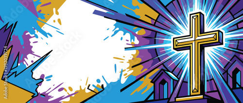 Christian Cross Shining Brightly with Vibrant Light and Abstract Background