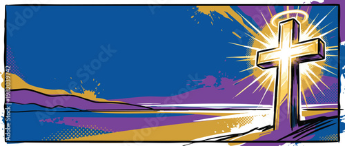 Christian Cross Shining with Sacred Light and Hope Against a Blue Sky Background