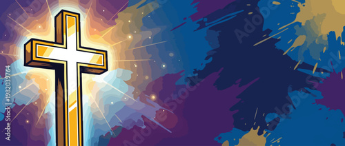 Christian Cross with Radiant Light and Abstract Paint Splatter Background