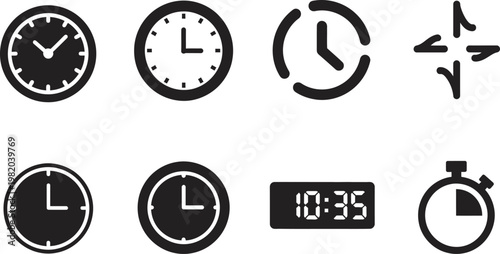 Collection of black and white time and direction icons representing temporal and navigational concepts