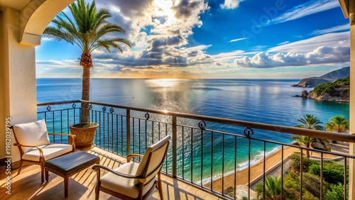 Terrace lounge with rattan armchairs and sea view in a luxury resort .