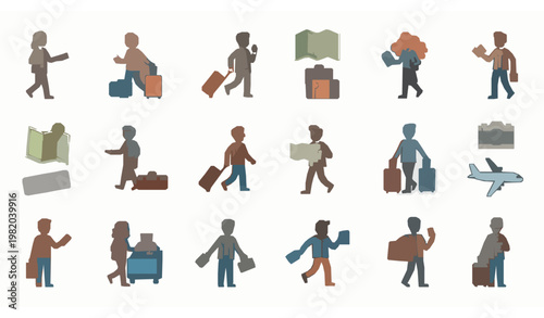 Travel sticker set with cartoon people and luggage passport ticket icons in funky doodle style clean grid vector illustration