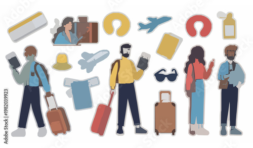 Funky doodle travel sticker set with people carrying luggage passport tickets and airplane accessories cartoon vector collection