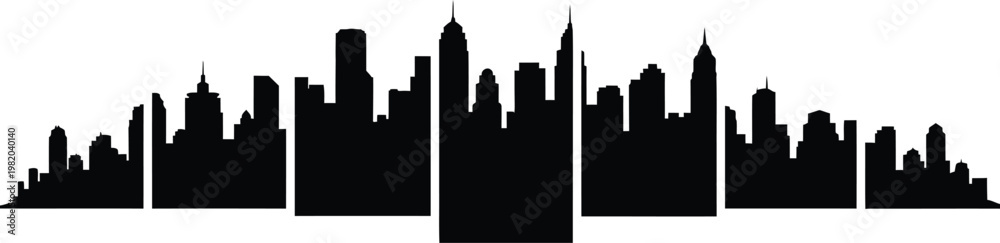 Obraz premium Detailed modern city skyline silhouette, black vector illustration of an urban cityscape with skyscrapers isolated on white background.