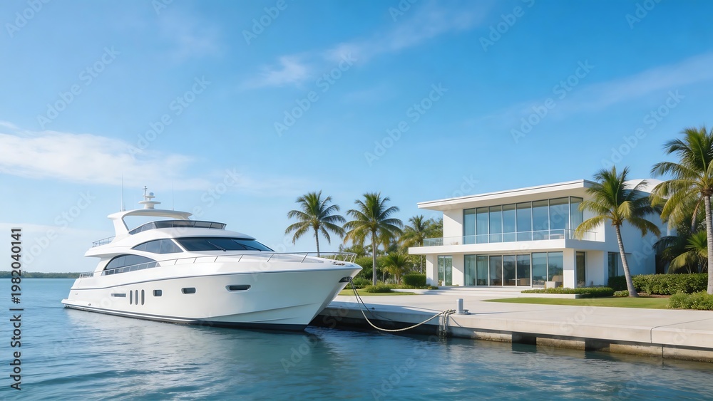Fototapeta premium Luxury yacht docked near modern house