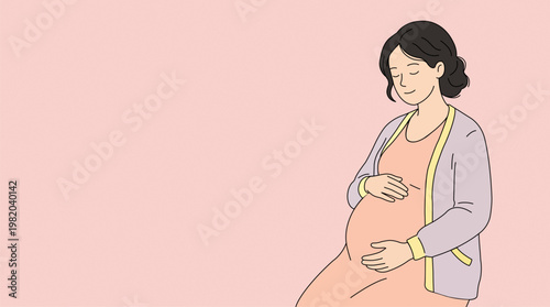 Illustration of a pregnant woman sitting against a textured pink background