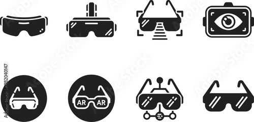 Black silhouette icons depicting various styles of virtual reality and augmented reality headsets and goggles