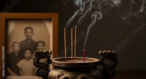 Qingming festival family ancestors smoke incense sticks in traditional Chinese ceremony with old photo display