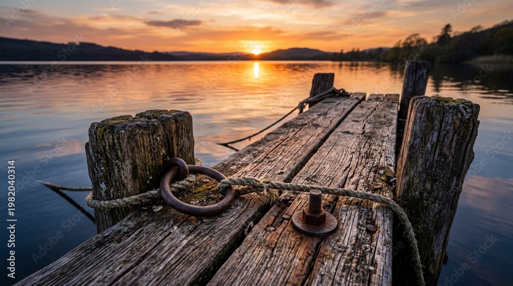 Obraz premium Wooden pier on lake at sunset with calm water and golden sky