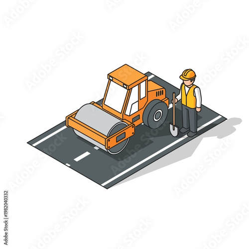 Construction worker with steamroller on asphalt road isometric illustration.
