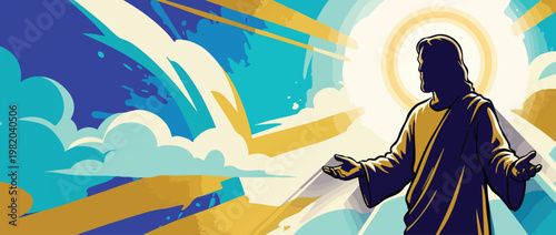 Jesus Christ Silhouette with Open Hands and Heavenly Light