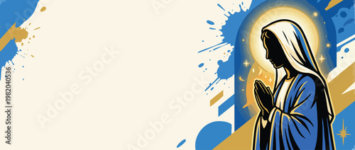 Religious Virgin Mary Silhouette Praying with Soft Halo and Abstract Background