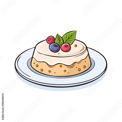 Delicate cream dessert crowned with fresh blueberries and raspberries adorned with mint leaf