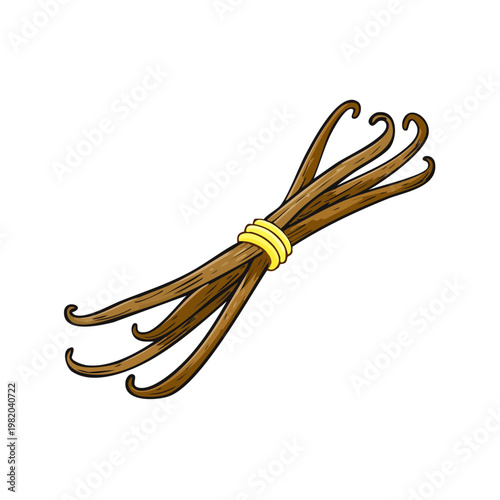 Bundle of dried vanilla beans tied with a yellow band, aromatic spice and flavoring ingredient