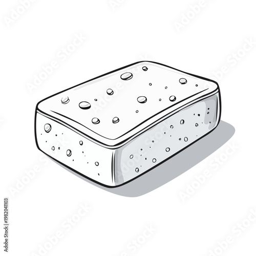 Stylized hand drawn illustration of a white cleaning sponge with bubbles and a shadow
