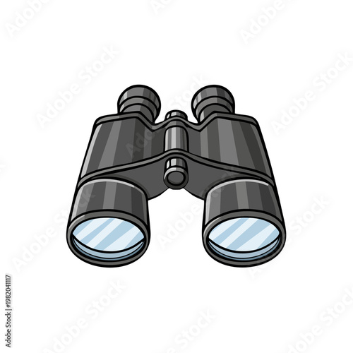 Cartoon illustration of a pair of black binoculars with blue lenses and reflections
