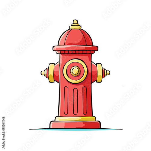 Vibrant cartoon illustration of a classic red fire hydrant with yellow accents, isolated on a clean background.