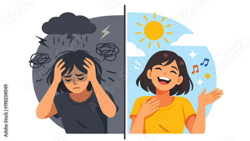 Before and After Transformation from Stress to Laughter Concept Illustration
